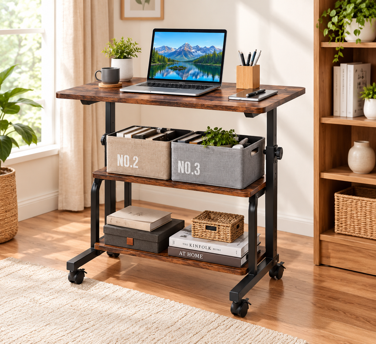 Mobile Rustic Adjustable Standing Desk Review: Compact Workstation with 2-Tier Storage Shelves