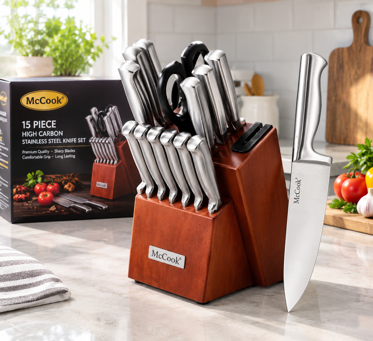 McCook Stainless Steel Knife Block Set Review: High-Carbon Knives with Built-in Sharpener